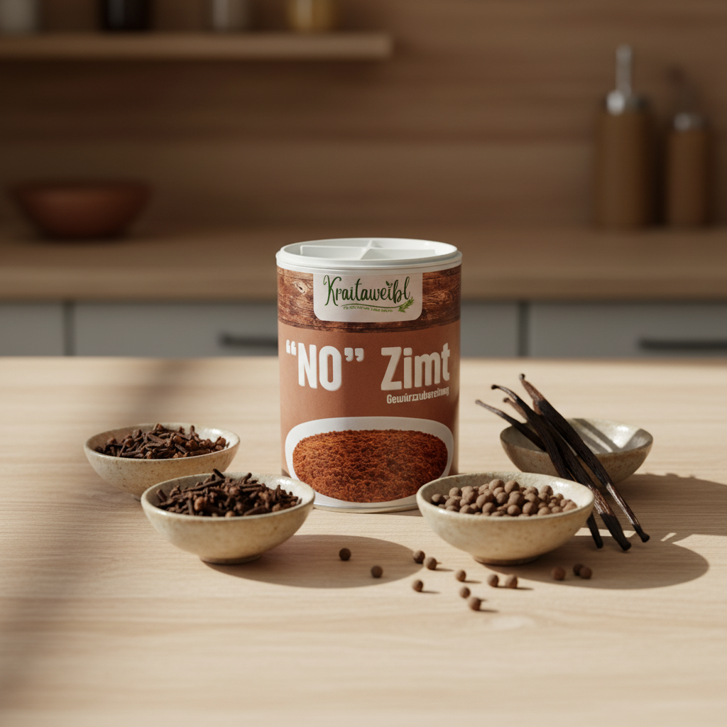 No Zimt Gewürzzubereitung auf Tischplatte mit Gewürzen, die enthalten sind